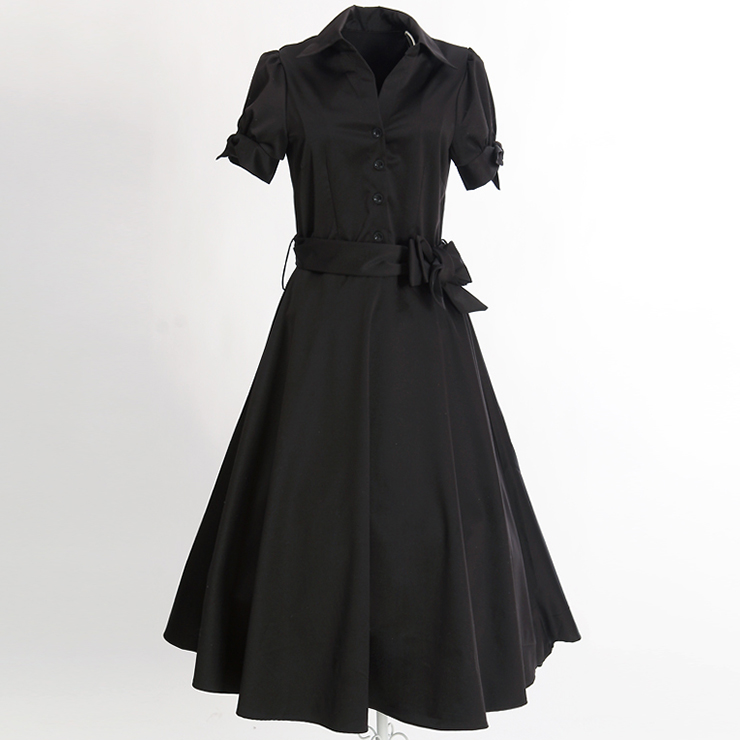 Elegant 1950's Vintage Black Short Sleeves Dress N11929