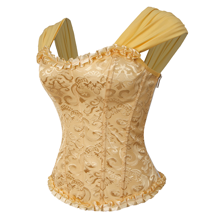 Yellow Lace-Up Dance Bustier Corset with Ruffle Shoulder Straps and Scalloped Hem N237866