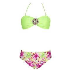 Hot Sexy Green Strapless Crystal Embellishment Floral Print Bikini Set BK10439