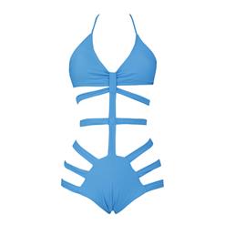 Fashion Blue Halter Neck Bandage One-piece Swimsuit BK10786