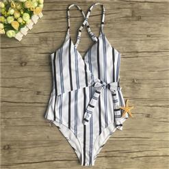 Sexy Stripes Adjustable Straps V Neck Low Cut Backless One-piece Swimsuit BK17961