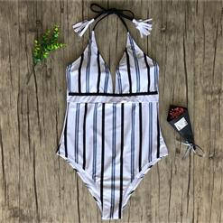 Sexy Stripes Adjustable Halter Neck Low Cut Backless One-piece Swimsuit BK17962