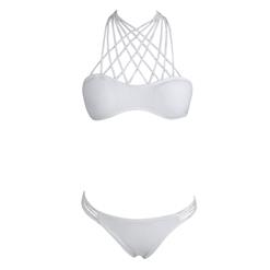White Multi Line Tied Neck Bikini Swimsuit BK9415