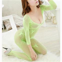 Sexy Long Sleeve Bodysuit Lingerie, Light Green See-through Crotchless Bodystocking, Long Sleeve See-through Bodystocking Lingerie, Long Sleeve Open Crotch Bodysuit Lingerie, V Neck See-through Open Crotch Bodystocking, #BS16917