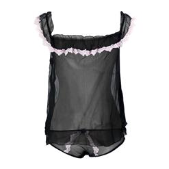 Flirty Black See-through Mesh Ruffle Open Front Uncovers Belly Babydoll Lingerie BY00046