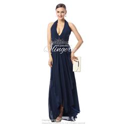 2018 Sexy Dark-Blue A-line Halter Asymmetrical Drape Crystal Long Evening Dresses F30009