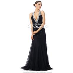 2018 Sexy Black Jewel Pleats Sleeveless Crystal Sweep Evening Dresses F30014