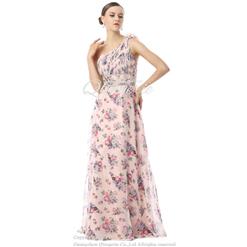 2018 Nostalgic One-shoulder Sleeveless Ruffles Nipped Waist Crystal Flower Print Floor-Length Prom Dresses F30027
