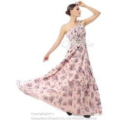 2018 Nostalgic One-shoulder Sleeveless Ruffles Nipped Waist Crystal Flower Print Floor-Length Prom Dresses F30027