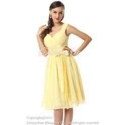 2018 Fairy Yellow A-line V-Neck Empire Waist Knee-Length Chiffon Satin Prom/Graduation Dresses F30080