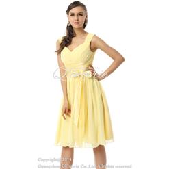 2018 Fairy Yellow A-line V-Neck Empire Waist Knee-Length Chiffon Satin Prom/Graduation Dresses F30080