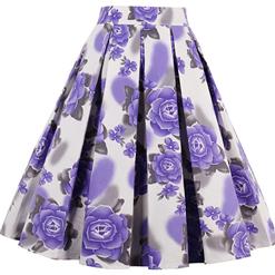 Vintage Rose Print High Waisted Flared Pleated Skirt HG12791