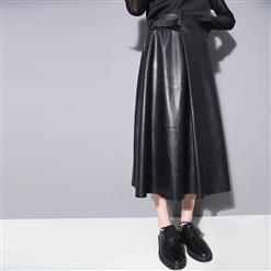 Faux Leather Midi Swing Casual Skirt N13065