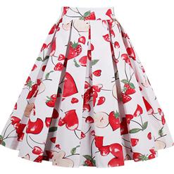 Vintage Apple and Strawberry Print High Waisted Flared Pleated Skirt HG14023