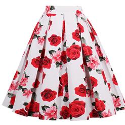 Vintage Red Rose Print High Waisted Flared Pleated Skirt HG14024