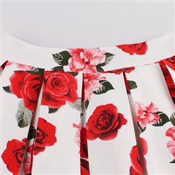 Vintage Red Rose Print High Waisted Flared Pleated Skirt HG14024