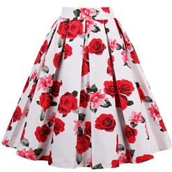 Vintage Red Rose Print High Waisted Flared Pleated Skirt HG14024