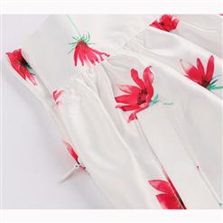 Casual Lovely Red Flower Print High Waist Ruffled Flared Midi A-Line Skirt HG17046