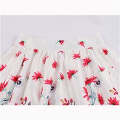 Casual Lovely Red Flower Print High Waist Ruffled Flared Midi A-Line Skirt HG17046