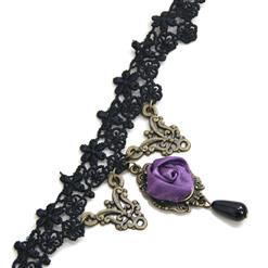 Punk Gothic Wedding Party Black Lace Purple Rose Bead Chain Pendant Necklace Choker J12012