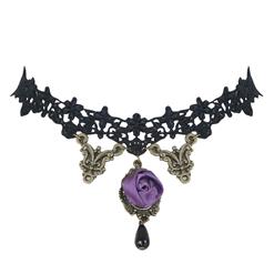 Punk Gothic Wedding Party Black Lace Purple Rose Bead Chain Pendant Necklace Choker J12012