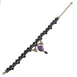 Punk Gothic Wedding Party Black Lace Purple Rose Bead Chain Pendant Necklace Choker J12012