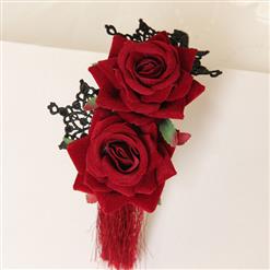 Noble Red Rose Tasssels and Black Floral Lace Hairband J12833