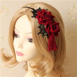 Noble Red Rose Tasssels and Black Floral Lace Hairband J12833