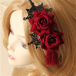 Noble Red Rose Tasssels and Black Floral Lace Hairband J12833