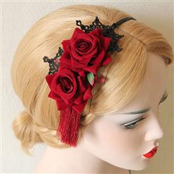 Noble Red Rose Tasssels and Black Floral Lace Hairband J12833