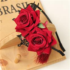 Noble Red Rose Tasssels and Black Floral Lace Hairband J12833