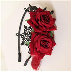 Noble Red Rose Tasssels and Black Floral Lace Hairband J12833