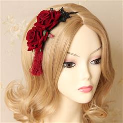 Noble Red Rose Tasssels and Black Floral Lace Hairband J12833