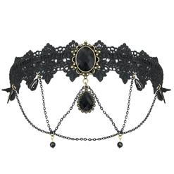 Black Vintage Lace Dark Gems Metal Chain Hair Clasp J12857