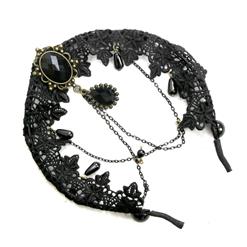 Black Vintage Lace Dark Gems Metal Chain Hair Clasp J12857