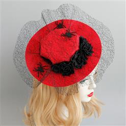 Charming Red Flower Hair Clip, Flower and Spider Net Hair Clip Hat, Fashion Beach Hat for Women, Elegant Flower and Spider Hair Clip, Casual Red Flower Hair Accessory, #J17323