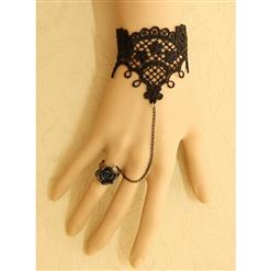 Black Gothic Lace Wristband Bracelet Rose Metal Ring J17679