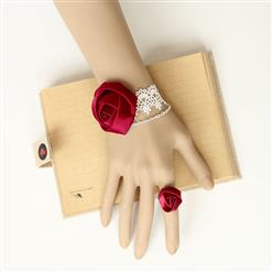 2PCS Elegant Gothic Style White Lace Wristband Red Rose Embellishment Bracelet with Ring J17755