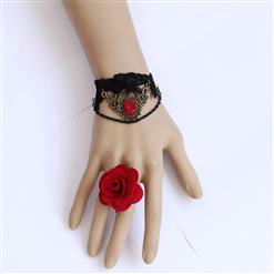 2PCS Black Gothic Lace Wristband Retro Metal Embellishment Bracelet with Rose Ring J17756