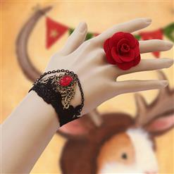 2PCS Black Gothic Lace Wristband Retro Metal Embellishment Bracelet with Rose Ring J17756