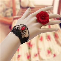 2PCS Black Gothic Lace Wristband Retro Metal Embellishment Bracelet with Rose Ring J17756