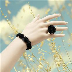Gothic Black Rose Wristband Victorian Bracelet with Ring J17760