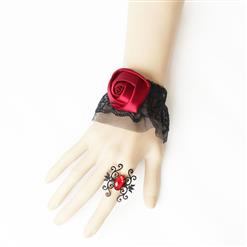 Gothic Black Lace Wristband Red Rose Bracelet with Ring J17765