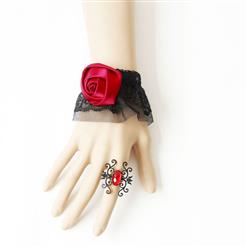 Gothic Black Lace Wristband Red Rose Bracelet with Ring J17765