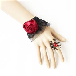 Gothic Black Lace Wristband Red Rose Bracelet with Ring J17765