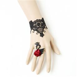 Gothic Black Floral Lace Bracelet with Black Swan Embellishment Ring J17776