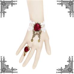 Retro White Lace Wristband Victorian Red Rose Embellishment Bracelet with Ring J17779