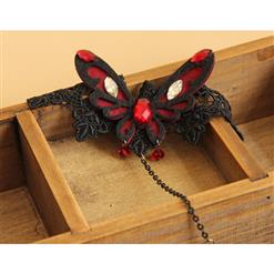 Gothic Black Lace Wristband Victorian Red Butterfly Embellishment Bracelet with Ring J17780