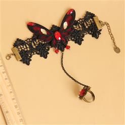 Gothic Black Lace Wristband Victorian Red Butterfly Embellishment Bracelet with Ring J17780