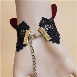 Gothic Black Lace Wristband Victorian Red Butterfly Embellishment Bracelet with Ring J17780